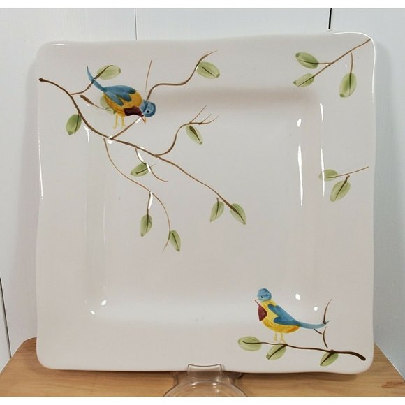 3 Pier1 Robin Square Dinner Plates 10.75" vintage handpainted birds stoneware - Picture 3 of 11